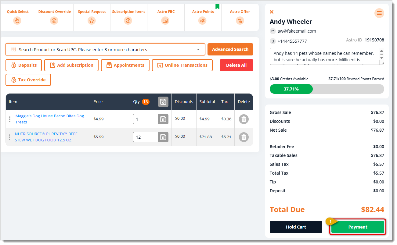 Image showing the Payment button on the New Sale page for a transaction in the eTailPet system.