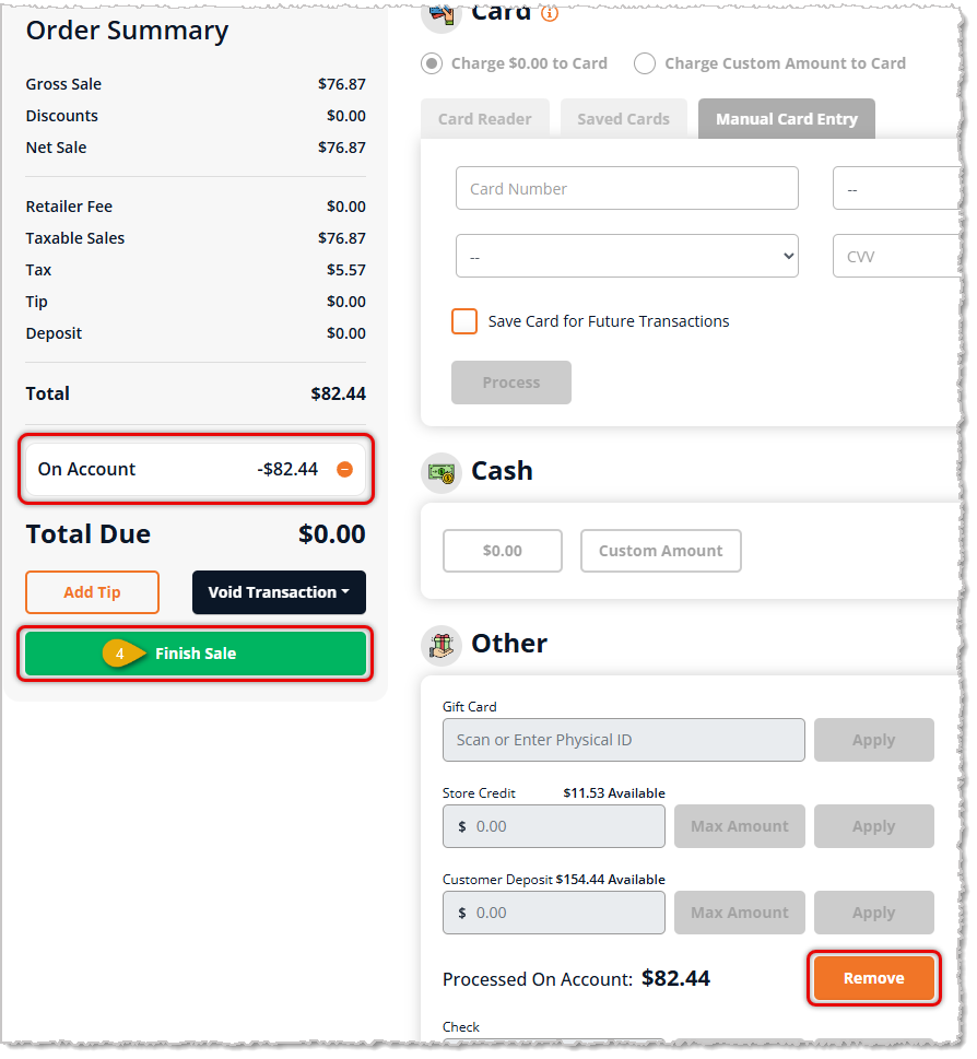 Image showing a transaction using On Account as the payment method ready to be Finished in the eTailPet system.