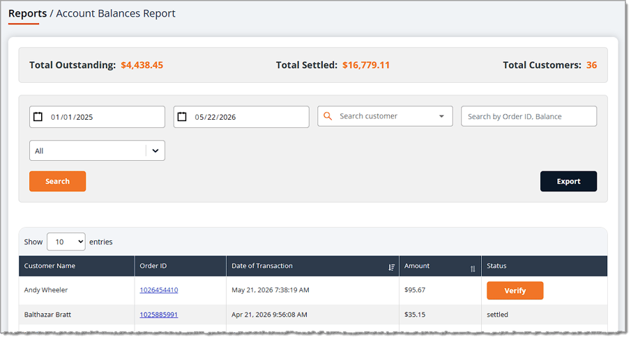Image showing the Account Balances Report in the Customers section of the Reports page in the eTailPet system.