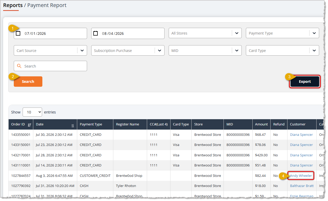 Image showing the Payment Report with functions for managing In-House Credit Accounts highlighted in the eTailPet system.