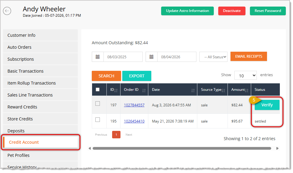 Image showing the Credit Account tab of the Customer profile page with the Verify button highlighted for an unpaid balance in the eTailPet system.