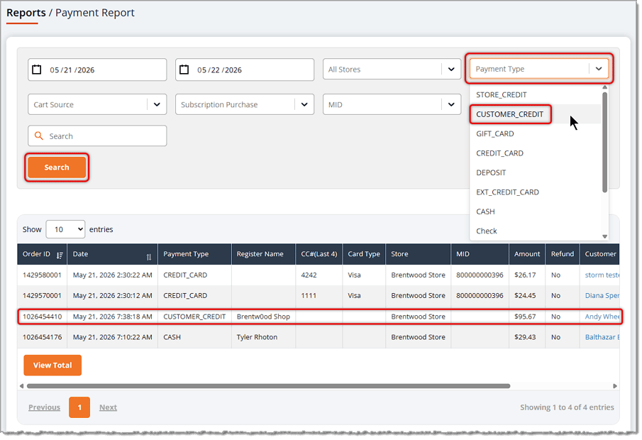 Image showing the Payment Report filtered by the Customer Credit payment type in the eTailPet system.