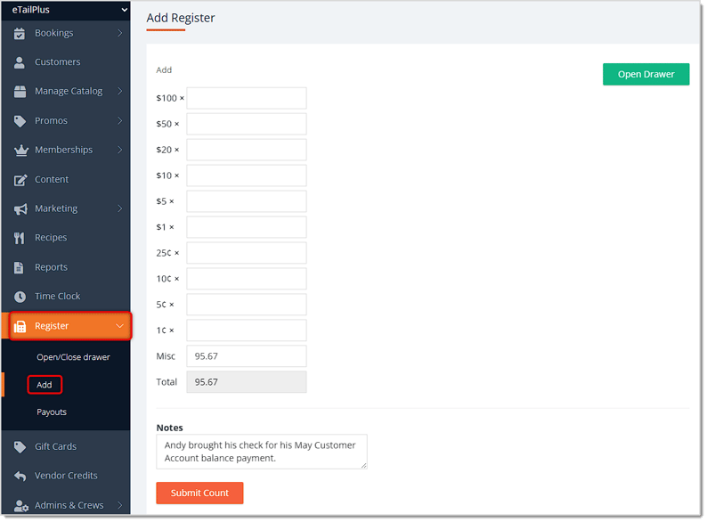 Image showing the Add page in the Register menu with a payment toward an In-House Customer Account balance in the eTailPet system.