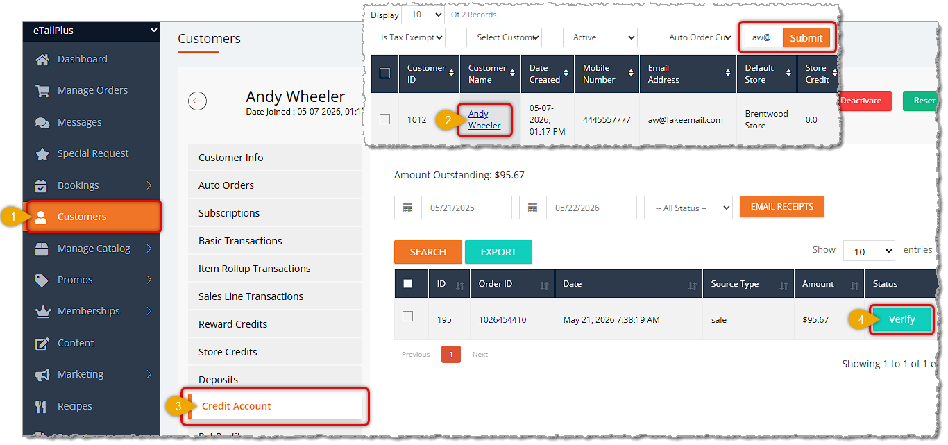 Image showing the Credit Account tab of a customer's details page with the Verify button in the eTailPet system.