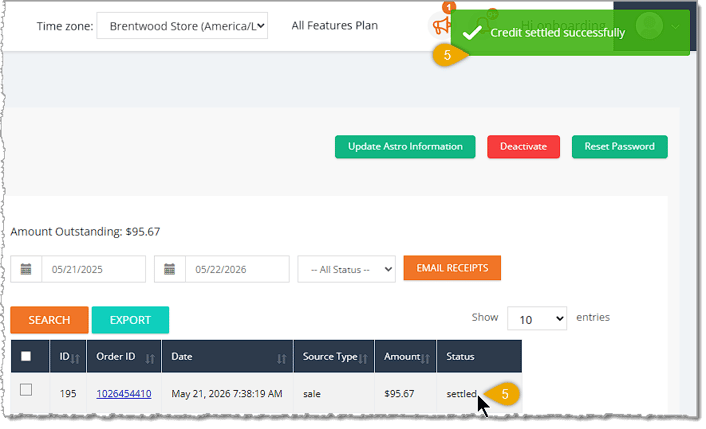 Image showing the success popup and Settled status after verifying an in-house credit payment in the eTailPet system.