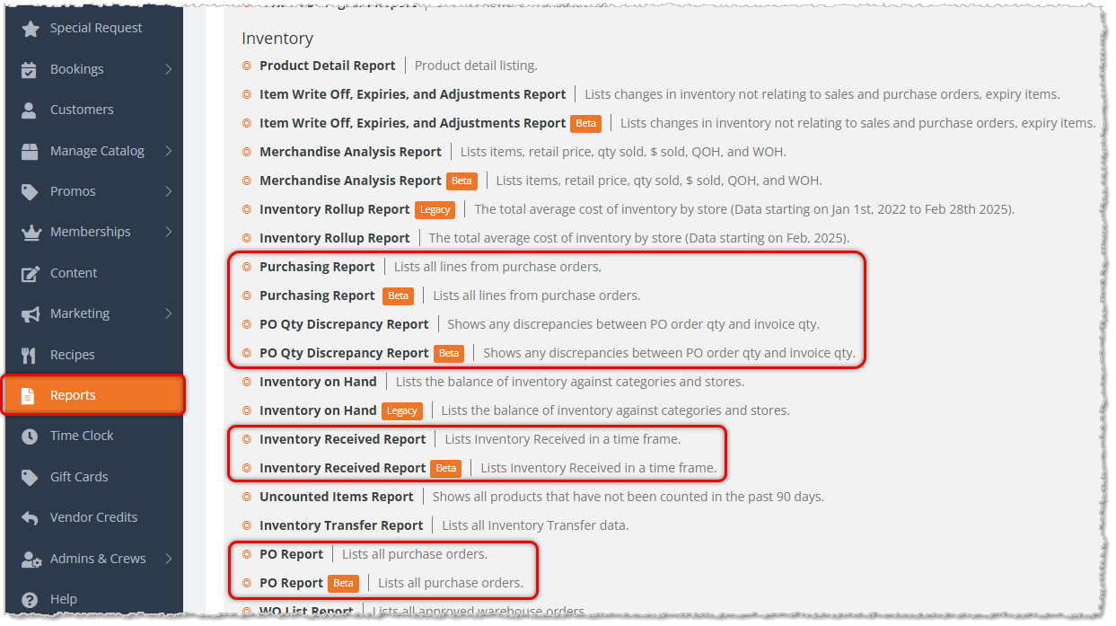 Image showing the Inventory section of the Reports page of the eTailPet system with purchasing reports highlighted.