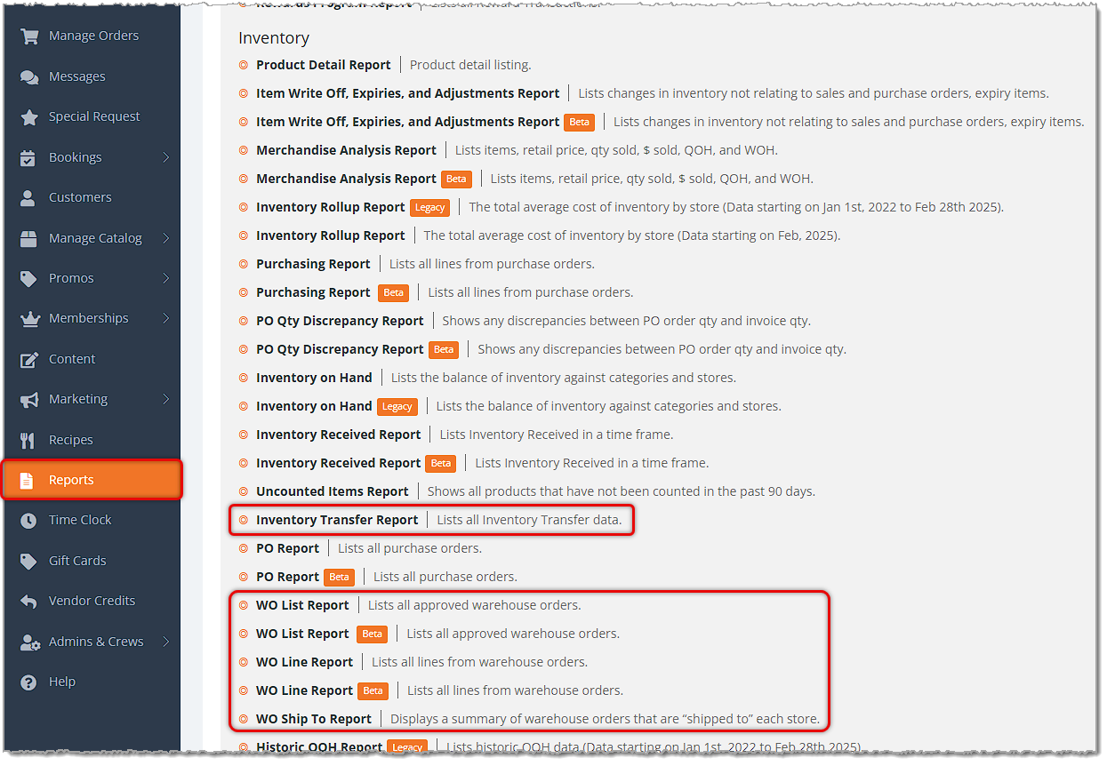 Image showing the Inventory section of the Reports page of the eTailPet system with warehouse order and transfer reports highlighted.