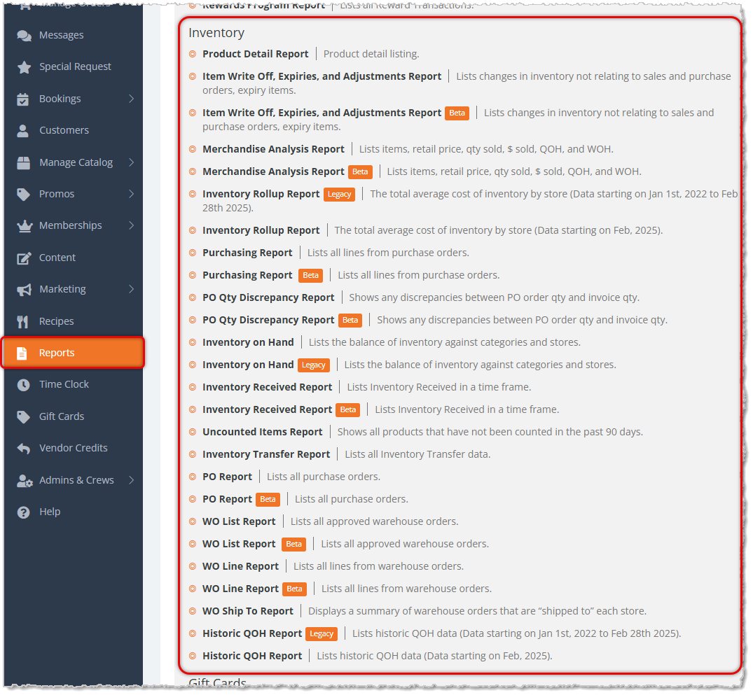 Image showing the Inventory section of the Reports page of the eTailPet system.