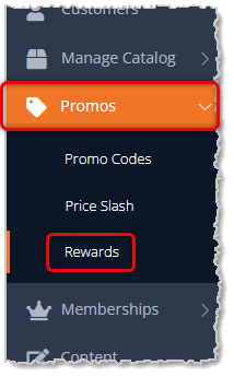 Image showing the Promos area of the main eTailPet menu with the Rewards area highlighted.