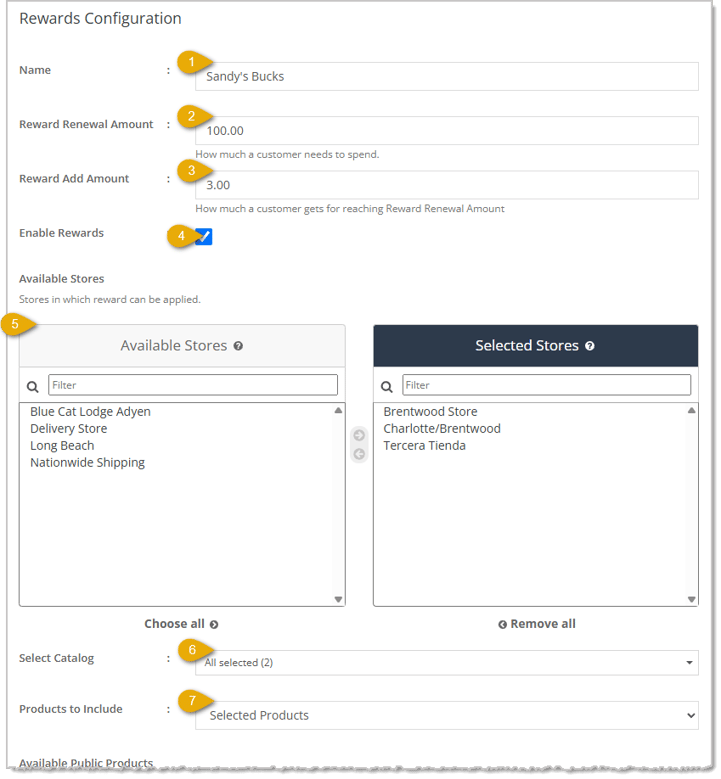 Image showing the upper area of the Rewards Configuration page in the eTailPet system.
