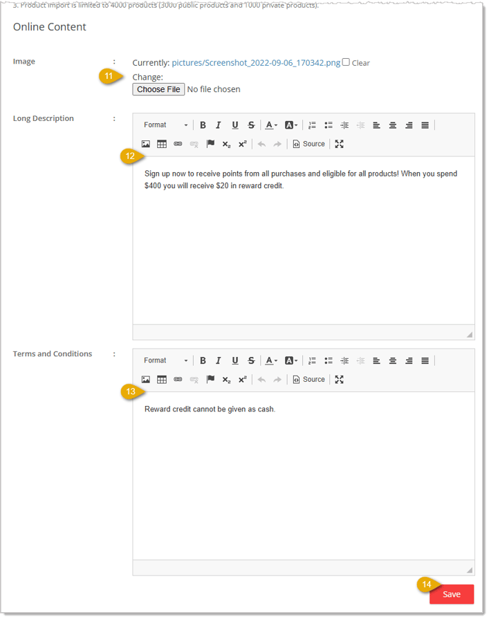 Image showing the lower area of the Rewards Configuration page in the eTailPet system.
