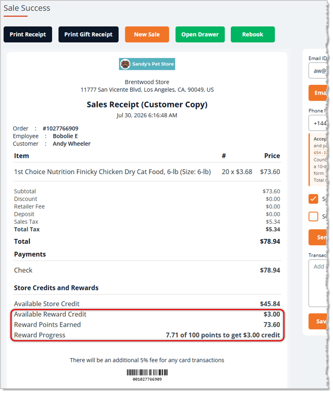 Image showing the Sale Success page of the eTailPet system with In-House Rewards information highlighted.