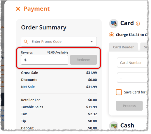 Image of the Payment panel of the New Sale page of the eTailPet system with the In-House Rewards information highlighted.