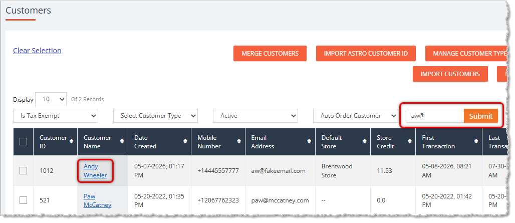 Image showing the Customers page of the eTailPet system with a customer search highlighted.