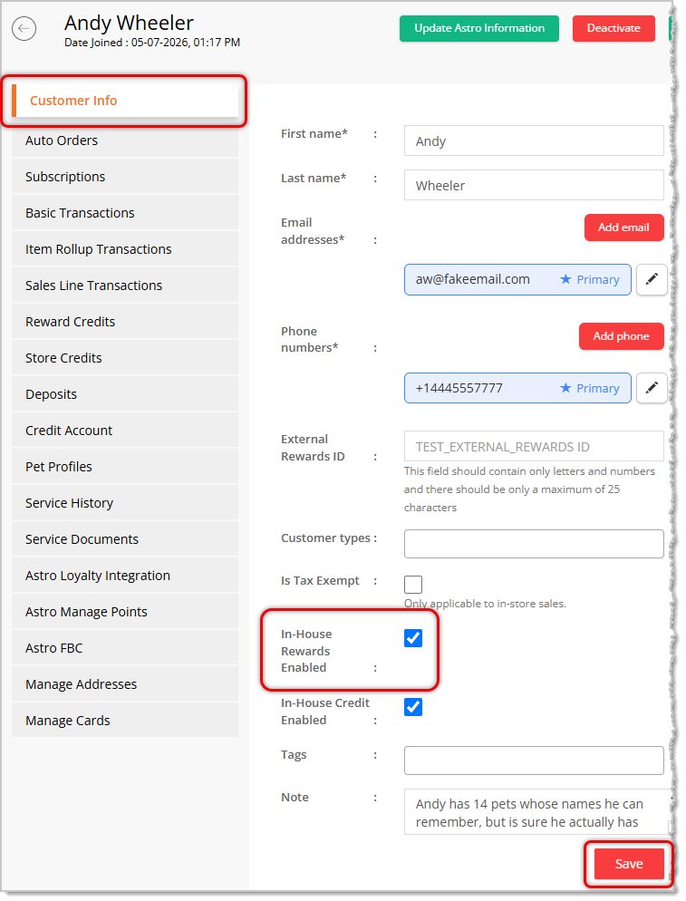 Image showing the Customer Info tab of a customer's Details page in the eTailPet system with the In-House Rewards eligibility highlighted.