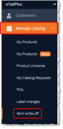 Image showing the Item Write-Off link in the Manage Catalog menu of the eTailPet system.