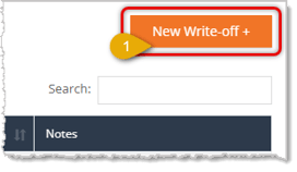 Image showing the New Write-Off+ button on the Item Write-Off page in the eTailPet system.