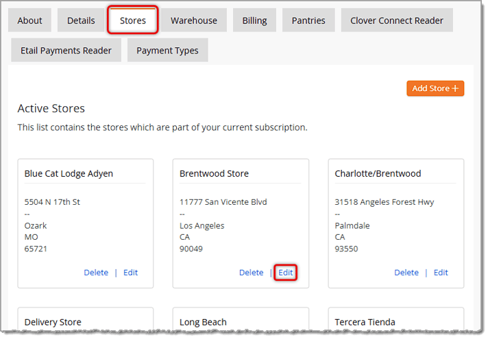 Image showing the Stores tab of Settings with an Edit Store link highlighted in the eTailPet system.
