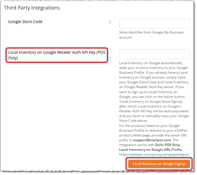 Image showing the Local Inventory on Google setup controls on the Edit Store page of the eTailPet system.