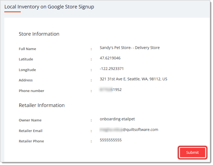 Image showing the store submission page for Local Inventory on Google in the eTailPet system.