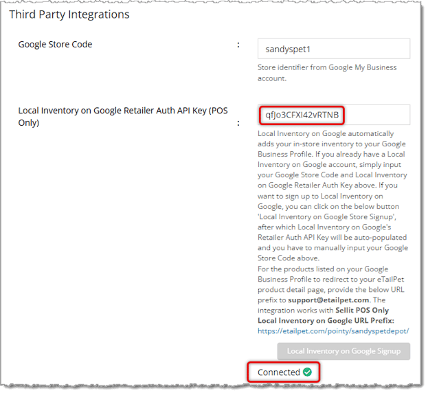 Image showing the Local Inventory on Google integration in the Third Party Integrations area of the Edit Store page in the eTailPet system.