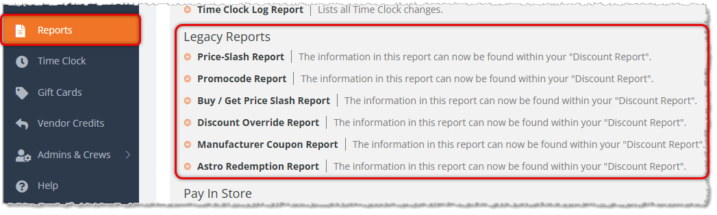 Image showing the Legacy Reports section of the Reports page of the eTailPet system with the section reports highlighted.