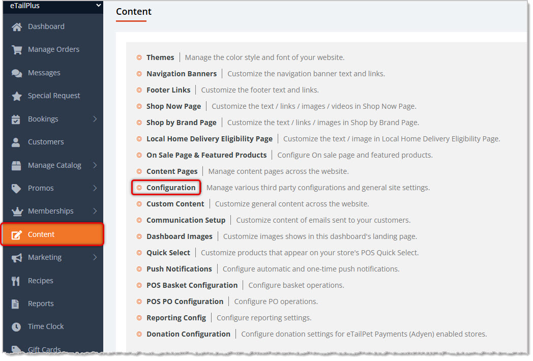 Image showing the Content page of the eTailPet system with the Configuration area highlighted.