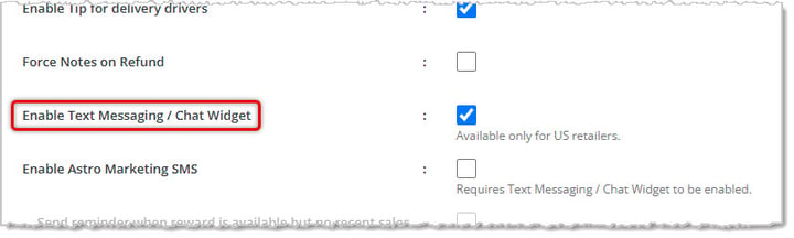 Image showing the Enable Text Messaging / Chat Widget setting of the Configuration page of Content in the eTailPet system.