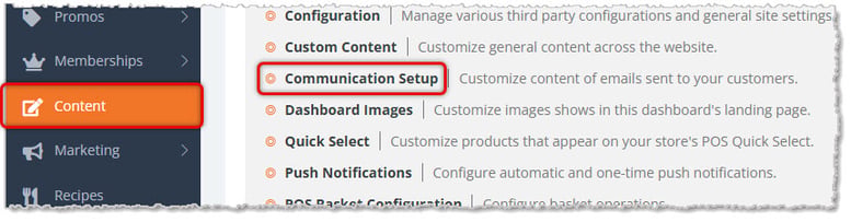 Image showing the Content page of the eTailPet system with the Communication Setup area highlighted.