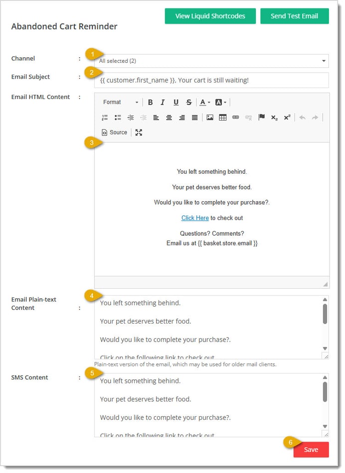 Image showing an automated message in the eTailPet system with key features highlighted.
