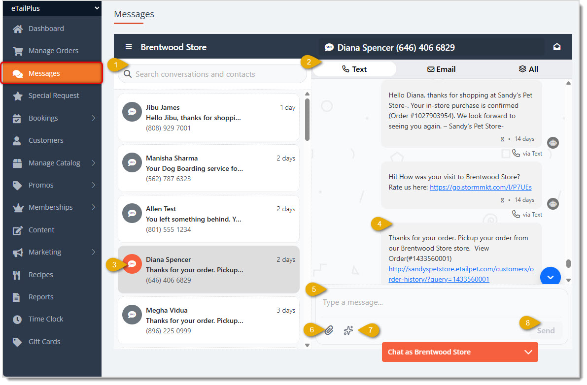 Image showing the Messages page of the eTailPet with key features highlighted.