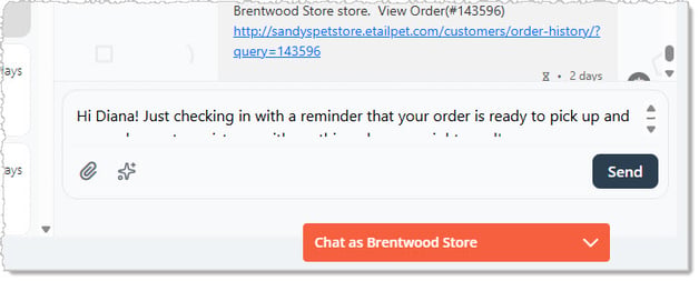 Image showing an AI-composed message on the Messages page in the eTailPet system.