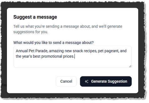 Image showing the Suggest a Message window for a new Campaign in the eTailPet system.