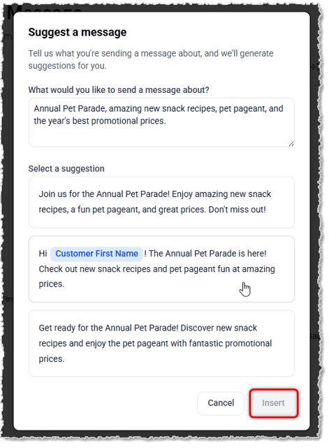 Image showing the Suggest a Message window with suggested message options generated by AI for a new Campaign in the eTailPet system.