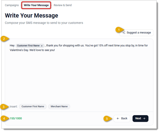 Image showing the Write Your Message page of Campaign creation in the eTailPet system.