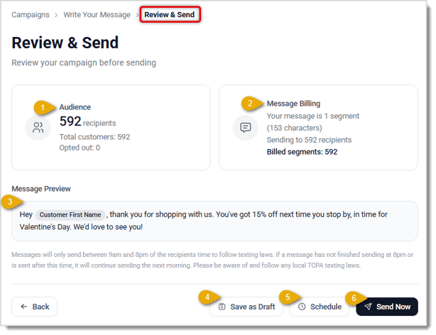 Image showing the Review & Send page of Campaign creation in the eTailPet system.
