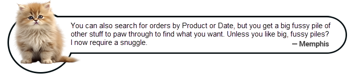 Image of Memphis the kitty advising on the complications of searching for transactions by product or date in the eTailPet system.