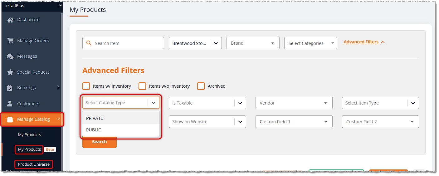 Image showing the My Products and Product Universe areas of the My Catalog menu in the eTailPet system, with major catalog types highlighted.