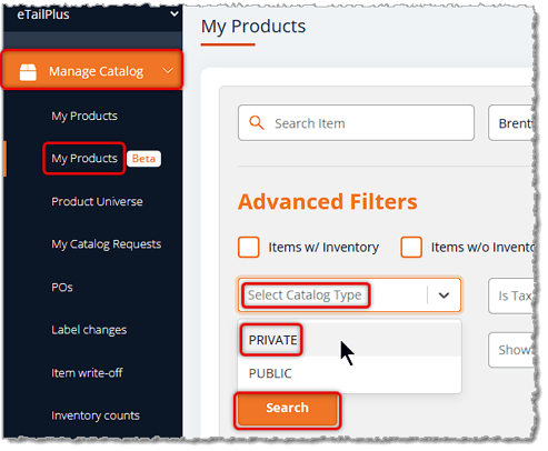 Image of the My Products page in the Manage Catalog area with items highlighted to get to the Private catalog in the eTailPet system.