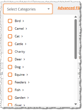 Image showing the category filter of the My Products page in the eTailPet system.