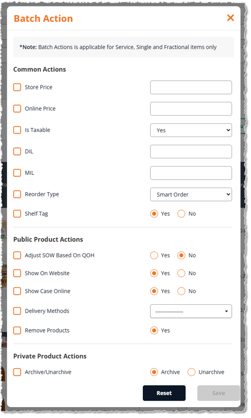 Image showing the Batch Actions window from the My Products page in the eTailPet system.