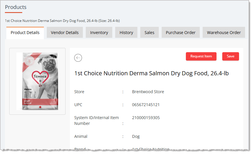 Image showing the Product Details page of the eTailPet system.