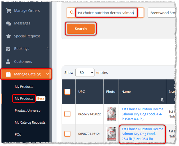 Image showing how to access a Product Details page from the My Products page of the My Catalog area of the main system menu of the eTailPet system.