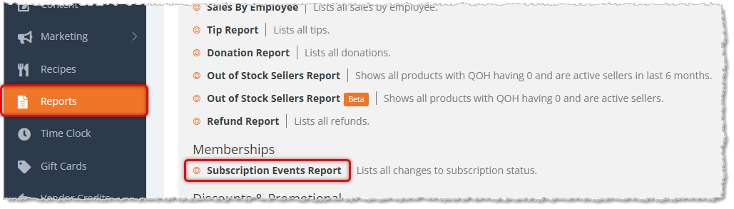 Image showing the Reports area of the main menu with the Subscription Events Report highlighted.