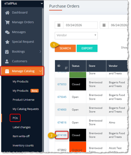 Image showing how to start the Approval step for a closed Purchase Order in the eTailPet system.