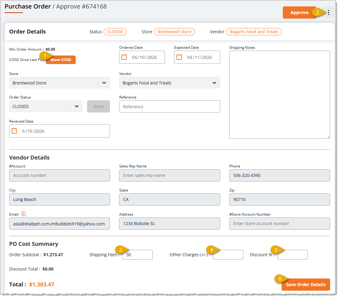 Image showing the Order Details area of a Purchase Order in the Admin Approval step in the eTailPet system.