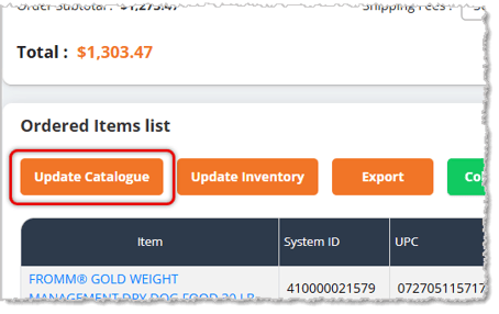 Image showing the Update Catalog button in a Purchase Order in the eTailPet system.