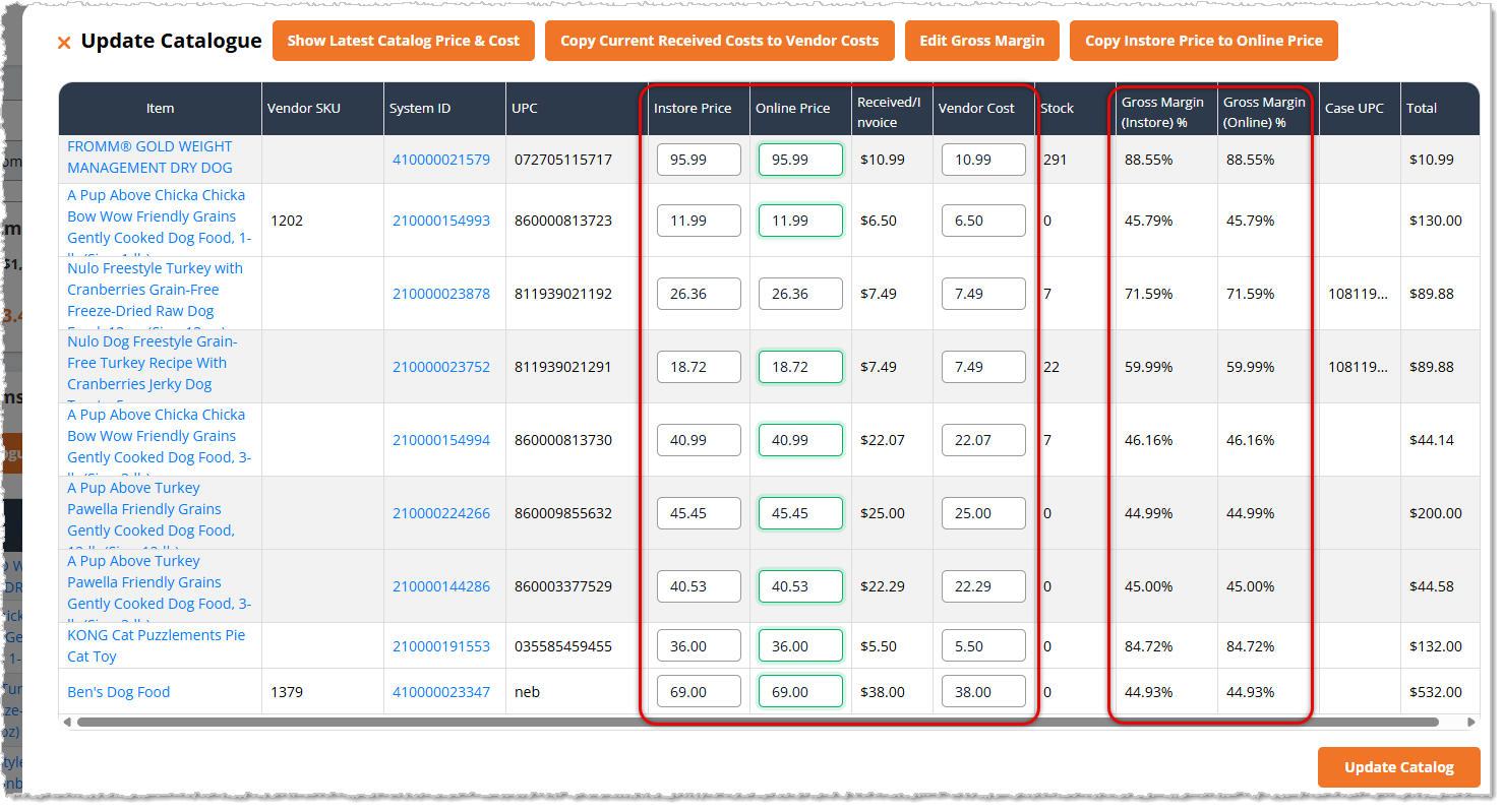 Image showing the Update Catalog panel with editable areas highlighted from the eTailPet system's Purchase Orders detail page.