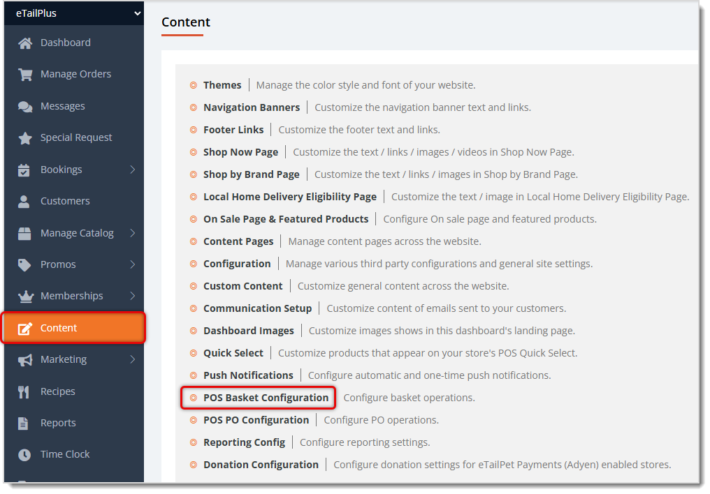 Image showing the Content page of the main system menu with the POS Basket option highlighted in the eTailPet system.