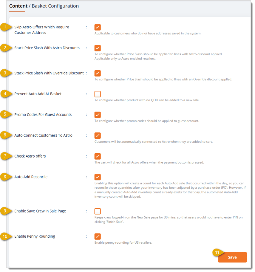 Image showing the Basket Configuration page with settings for the storefront website cart and basket highlighted in the eTailPet system.